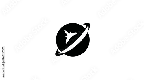 Modern global travel icon with an airplane orbiting a sphere, symbolizing worldwide flight and international tourism.