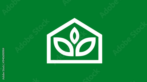 Green house icon with plant leaves symbol, representing eco-friendly living, sustainable real estate, nature protection, and environmental growth
