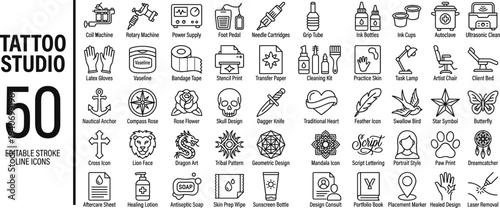 Tattoo Studio Line Icons Set – Tattoo Machine, Ink, Needle, Artist and Body Art Outline Icons