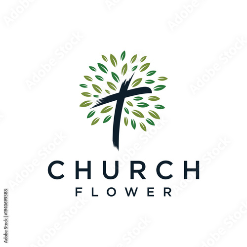 Root Church Cross Cristian and Leves Nature Flower logo design 