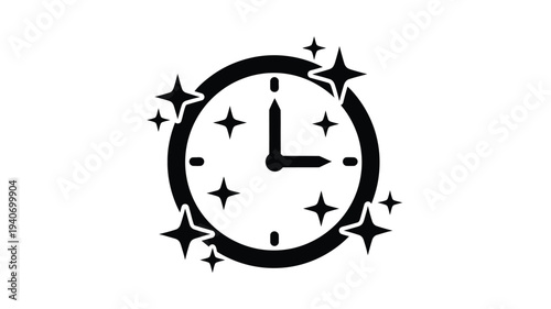 A sparkling clock face with star accents a dramatic silhouette