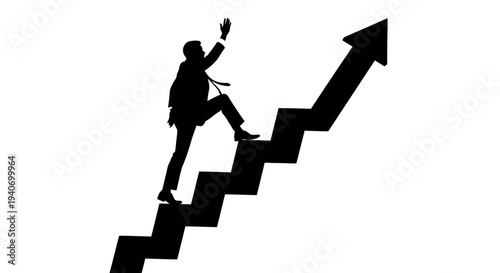 Silhouette of a person climbing upward on steps representing growth and success with white background