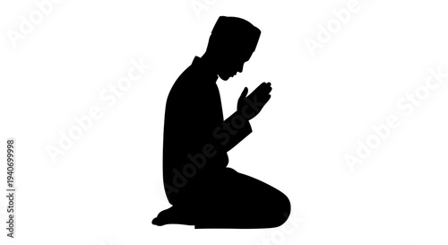 Silhouette of a person praying on knees black figure against white background isolated illustration for diverse religious concepts