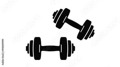 Two black dumbbells depicted in a striking minimalist silhouette