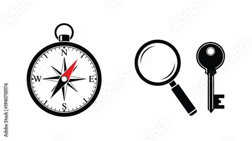 Compass magnifying glass and key depicted in a striking silhouette