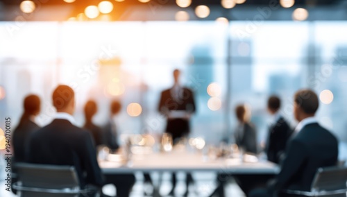 Blurred Business Meeting in Modern Office Setting with Cityscape View.
