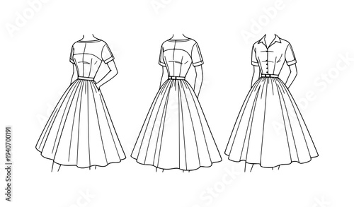 Retro 1950s Vintage Dress Black Line Art Fashion Sketch