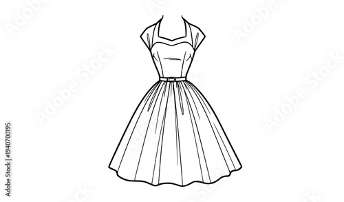 Retro 1950s Vintage Dress Black Line Art Fashion Sketch