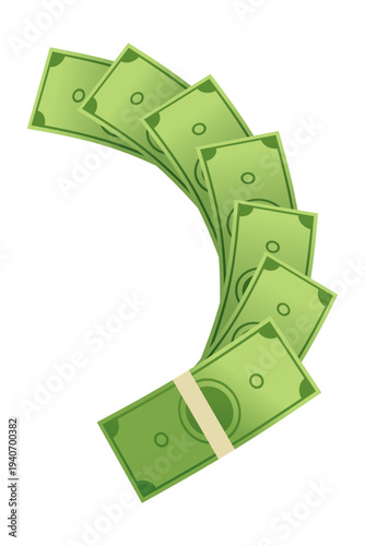 Cartoon money. Paper cash, bills fly. Keeping money in bank. Green banknotes wealth, accumulation and inheritance. Flat vector money illustration. Objects isolated on white background