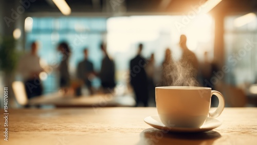 Steaming coffee cup on a wooden table with blurred business people in the background.