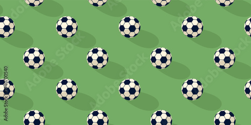 Seamless pattern with soccer balls and long shadows for sports surface design, minimalistic background in modern clean flat style, vector illustration.