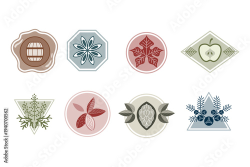 Set of vintage bottle label design with ethnic elements in thin line style