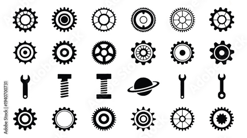 black and white gear and tool icons on white background
