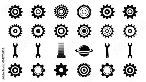 black and white gear and tool icons on white background