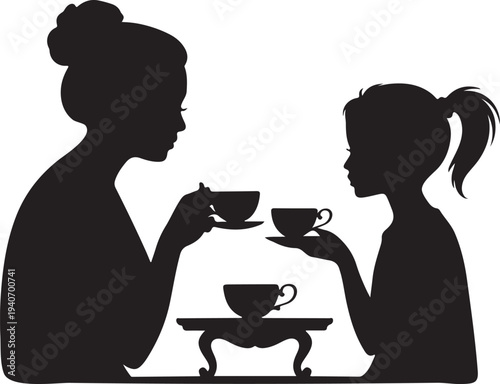 Mother and Daughter Drinking Tea Silhouette Isolated on White