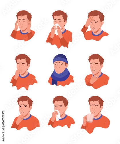 Flu symptoms. Man showing cold symptoms. Flu symptoms fever, cough, chills, dizziness, nausea, runny nose, headache. Vector set for flu prevention poster