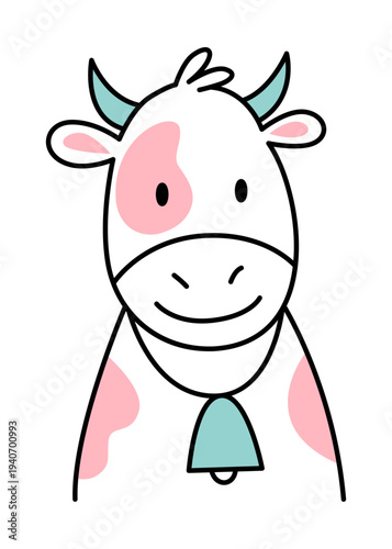 Colorful farm animal sketch. Playful farm mascot with pastel colors and friendly expression. Cheerful pinkspotted cow headshot designed for children with soft pastel tones