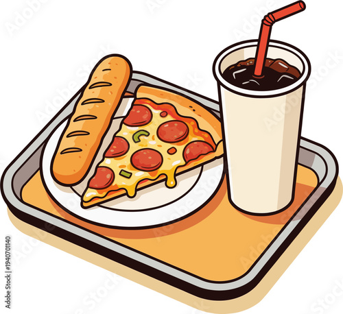 Fast Food Tray Pepperoni Pizza Melted Cheese Olives Breadstick Paper Cup Soda Straw Flat Vector Art