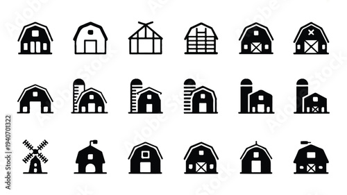 collection of black barn icons on white background