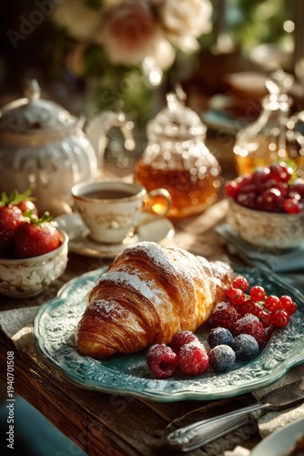 romantic breakfast table with pastries and fruit, 