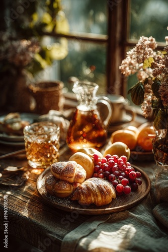 romantic breakfast table with pastries and fruit, warm morning light,