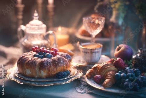 romantic breakfast table with pastries and fruit, warm morning light, 