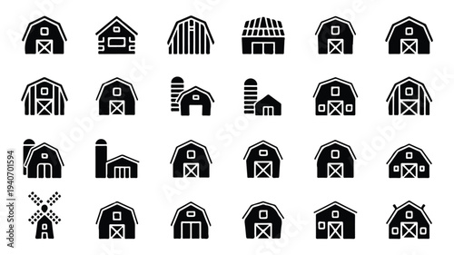 Collection of various barn and farm building icons in black silhouette on white background