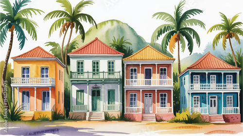 colorful houses with balconies and palm trees on a tropical beach