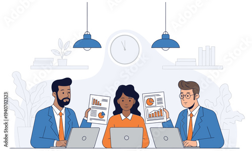 Three coworkers working on laptops in office setting