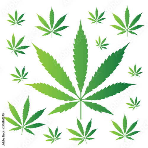 Pattern of green marijuana leaves in various sizes and shades