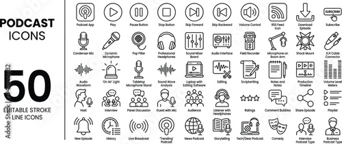 Podcast Icons Set – Microphones, Soundwaves, Streaming and Recording Outline