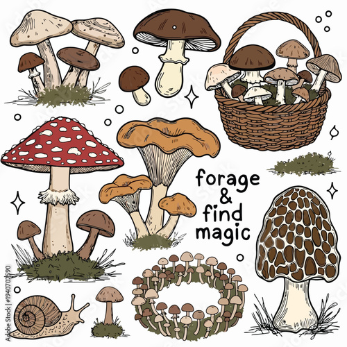 Set of wild mushrooms with foraging basket and snail vector illustration nature harvest fungi
