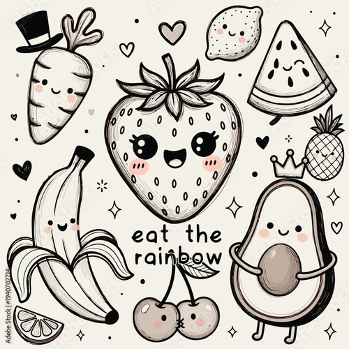 Cute funny fruits with smiling faces set, strawberry avocado banana lemon carrot cherry