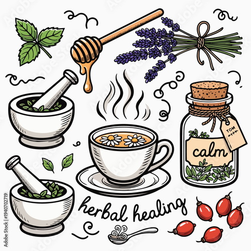 Herbal healing remedies set with chamomile tea lavender honey mint rose hips