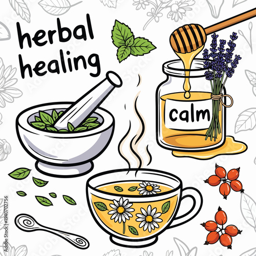 Herbal healing remedies with chamomile tea lavender honey mint rose hips mortar