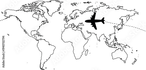 A black airplane flying over a world map with continents and oceans