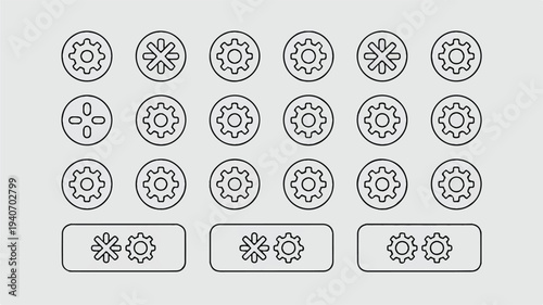gear icons and buttons for settings and configuration  various gearwheel and asterisk symbols