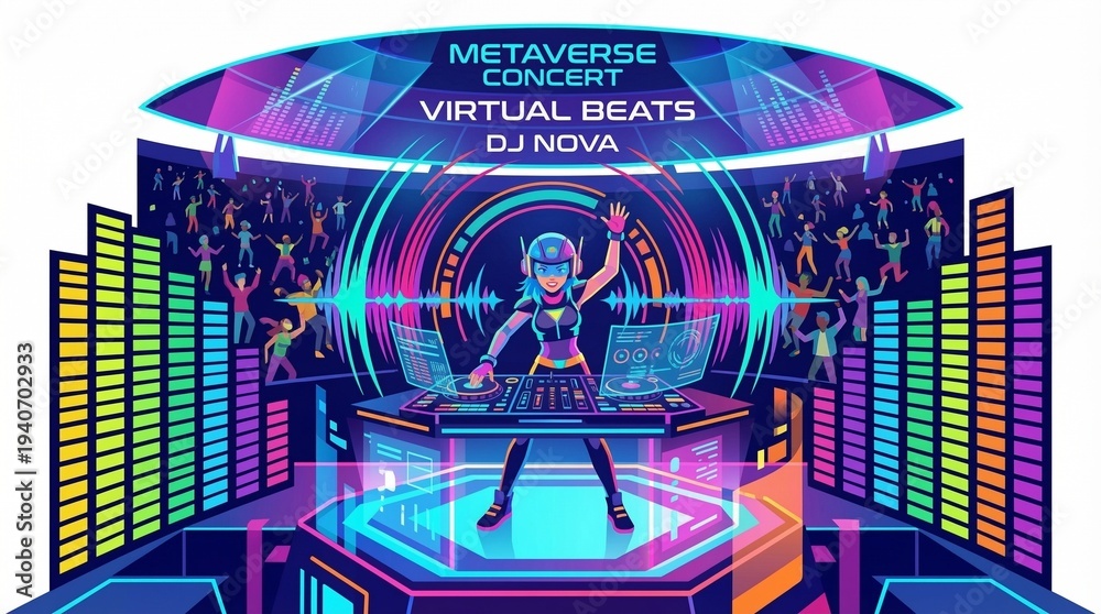 Fototapeta premium Metaverse Concert Virtual Beats DJ Nova Vector Illustration with Female DJ, Audience, and Neon Equalizers for Digital Music Events