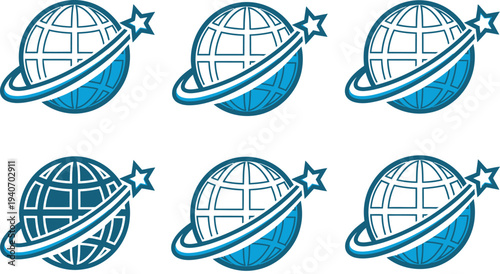 Six identical blue planet icons with rings and stars on a white background