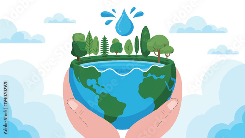 hands holding a globe with trees and water on top  eco concept
