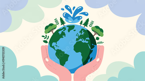 hands holding the earth with trees and water splashing on a cloudy background