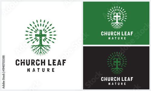 Church Cross Cristian with Root Nature and Leves Nature Flower logo design