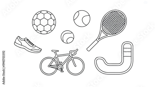 line drawing of various sports equipment and vehicles  sports icons