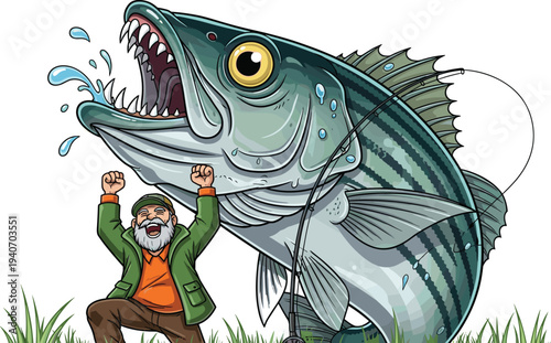 Happy fisherman catching giant fish, big catch fishing success concept, cartoon angler with huge freshwater fish vector illustration