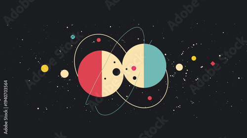 Abstract illustration of orbiting spheres and dots against a dark background