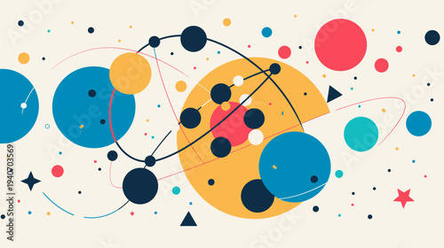 Abstract illustration of orbiting spheres and connecting lines in a vibrant design