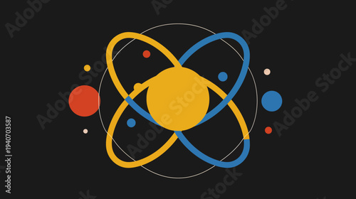 Abstract illustration of orbiting spheres and atom model on dark background