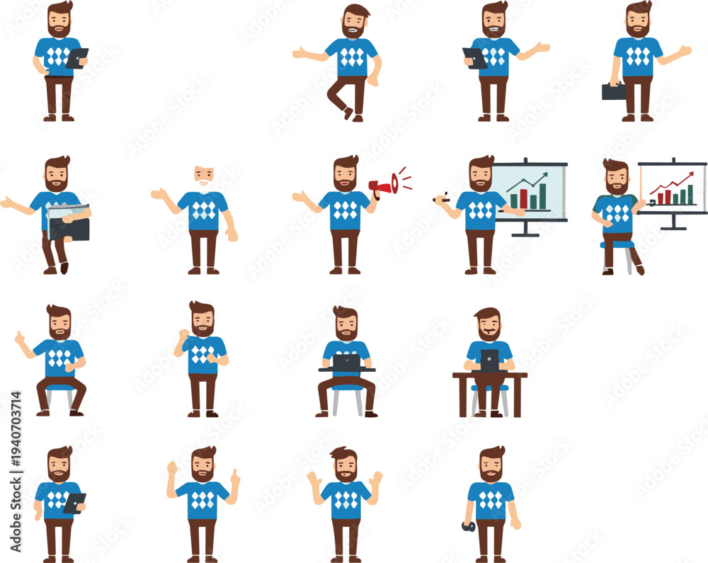 Naklejka premium Professional Male Business Character Set with Various Poses Including Presenting Data Charts, Using Laptop, Speaking with Megaphone, and Carrying Office Briefcase