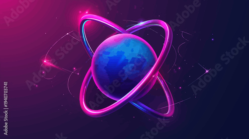 Abstract illustration of planet with orbital rings and dynamic light effects