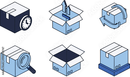 Isometric Logistics and Delivery Icon Set with Cardboard Boxes, Shipping Packages, Express Delivery Clock, Global Tracking Magnifier, and Product Return Symbols for E-commerce